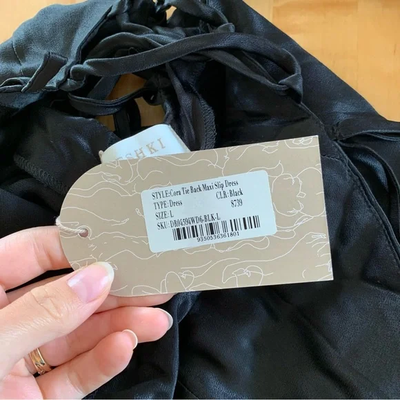 Meshki Slip Dress Cora Black Tie Back Slinky Cocktail Gown Long Bias Cut Size L - Picture 10 of 12